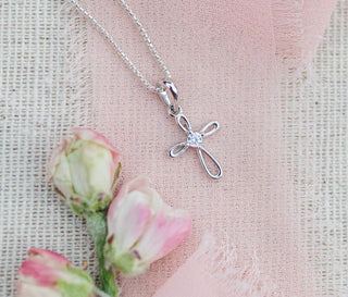 Children's First Communion Sterling Silver Cross Necklace: Clear / 14 inch