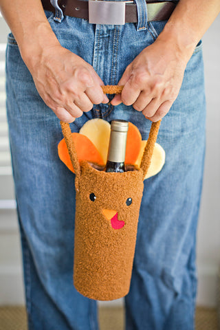 Turkey Sherpa Wine Bottle Gift Bag, Hostess Gift