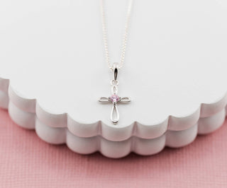 Children's First Communion Sterling Silver Cross Necklace: Clear / 14 inch
