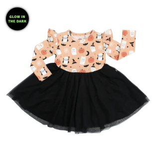 Boo-Tastic Glow-in-the-Dark Halloween Flutter Long Sleeve Tulle Twirl Dress