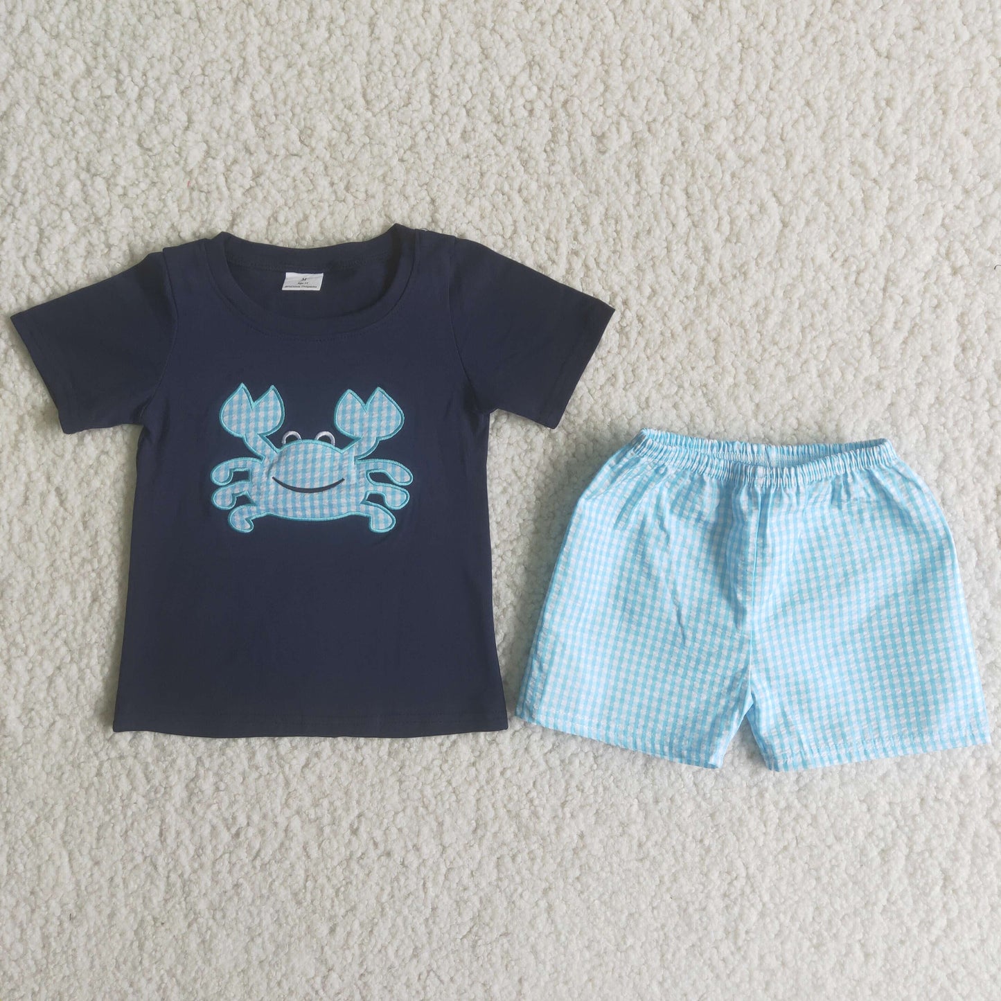 Boy Crab Embroidery Plaid Outfit: 3T