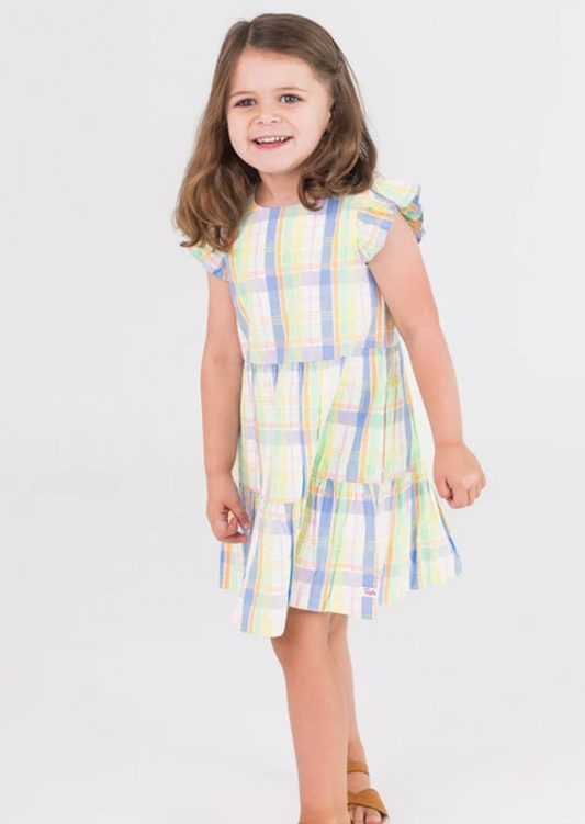 Clubhouse Rainbow Plaid Flutter Sleeve Tiered Dress